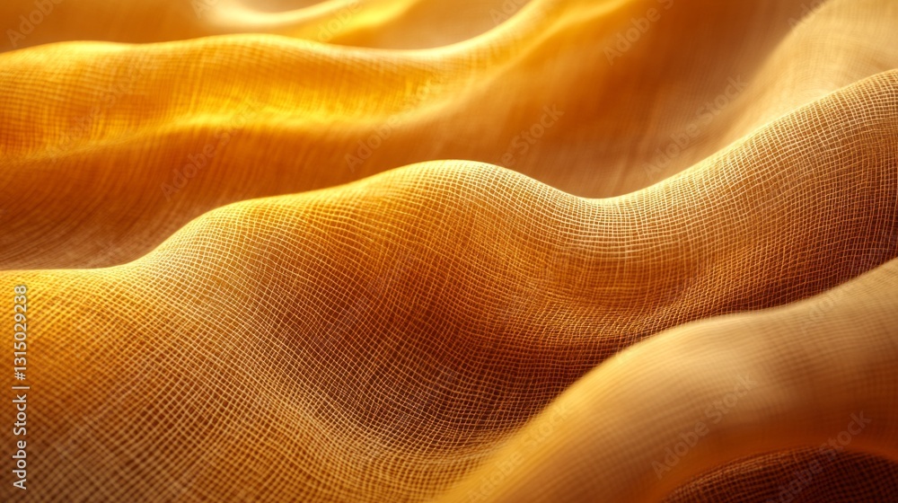 Poster Soft golden fabric flows gracefully, creating gentle waves that capture the warm light. This abstract presentation showcases the elegance and texture of the material, evoking a sense of calm