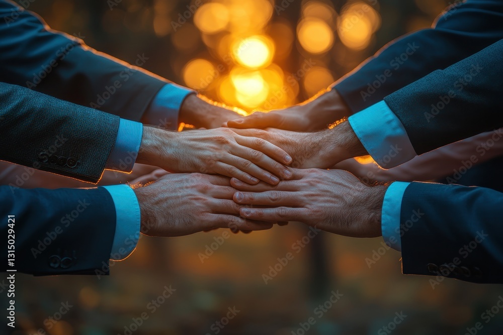 Poster unity in nature as hands come together during sunset in a forest setting