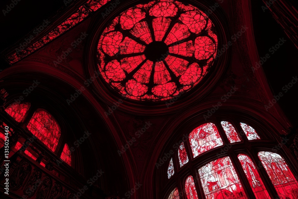 Poster a red stained glass window with a red circle in the center. the window is in a building with a dark 