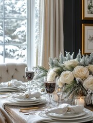 A snow themed indoor table setting and dining arrangement