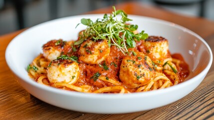 Fototapeta premium A delicious plate of spaghetti topped with succulent shrimp in a rich tomato sauce, garnished with fresh herbs.