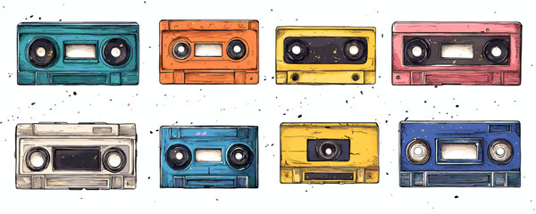 Flat linear cassette icons set - retro music tapes vector.
