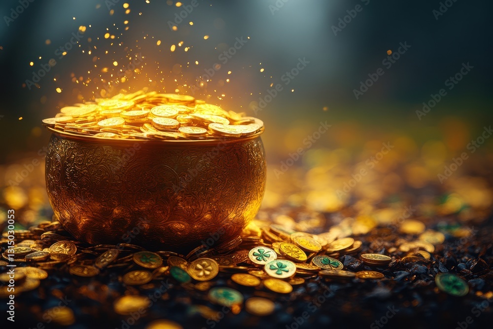 Poster golden pot overflowing with coins and sparkles in a mystical forest setting during twilight