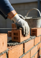 Construction worker's hands placing red bricks with fresh cement on a brick wall.