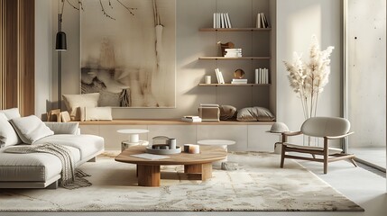 Modern Neutral Living Room Design: Calm & Inviting Interior with Beige Sofa, Wooden Accents, Pampas Grass, and Abstract Art Decor..