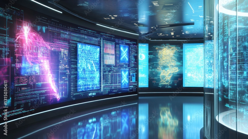 Wall mural futuristic data center with glowing screens displaying complex information