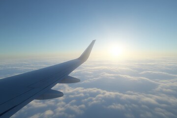 Fototapeta premium Sunlit Wing of an Airplane Gliding Above Fluffy White Clouds