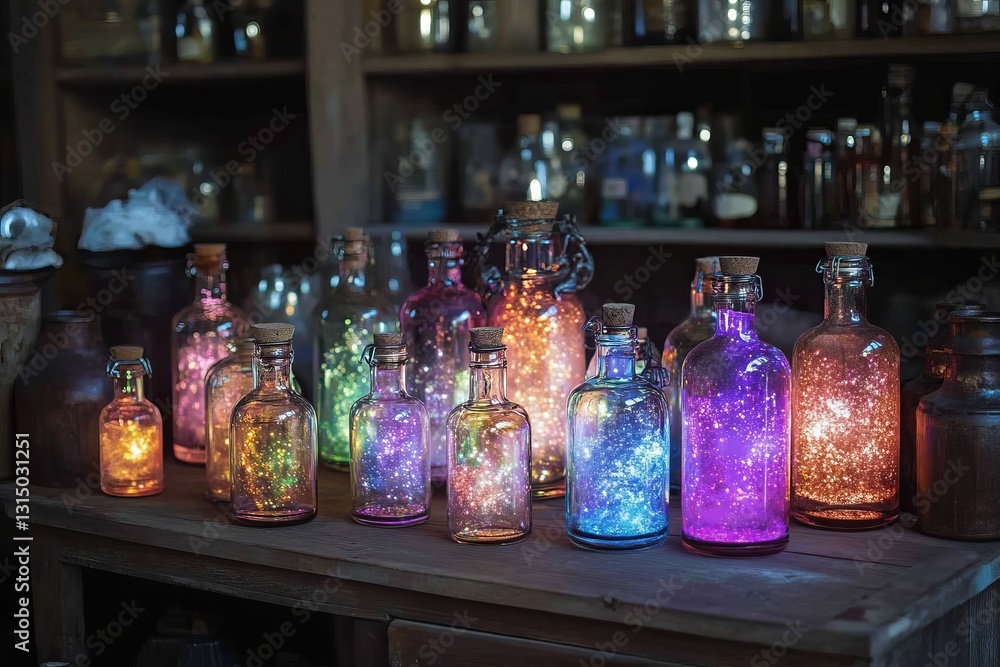 Poster a table with many bottles of different colors and sizes. the bottles are lit up with lights inside