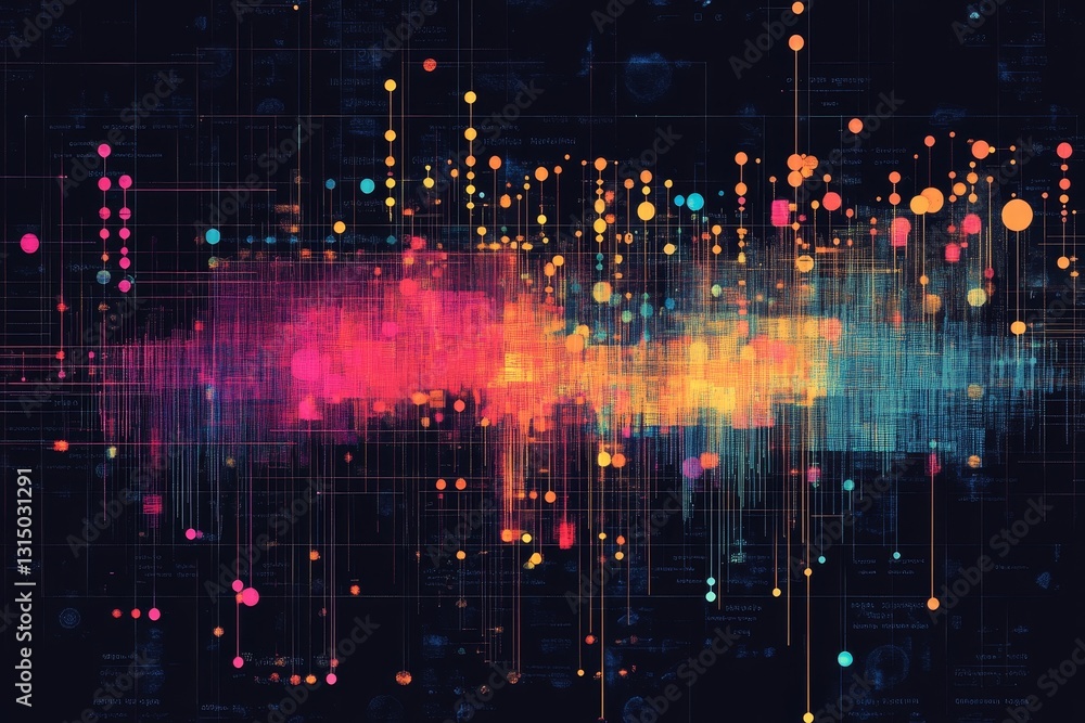 Poster explore this vibrant and dynamic abstract visualization showcasing colorful dots and lines, represen