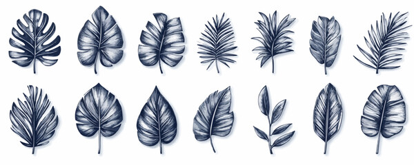 Tropical leaves vector icons set in linear style.