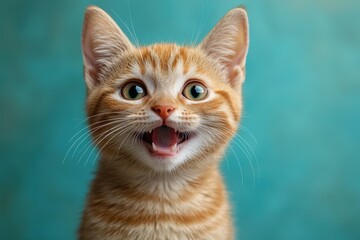Cute orange kitten with bright green eyes making a playful expression against a teal background