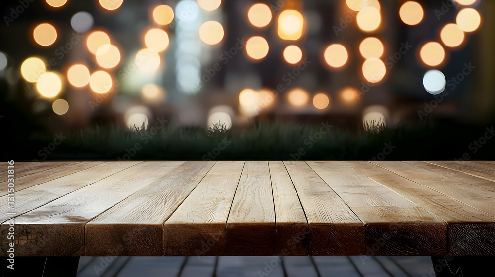 Poster empty wooden table with blurred city lights bokeh background and green grass for display or montage 