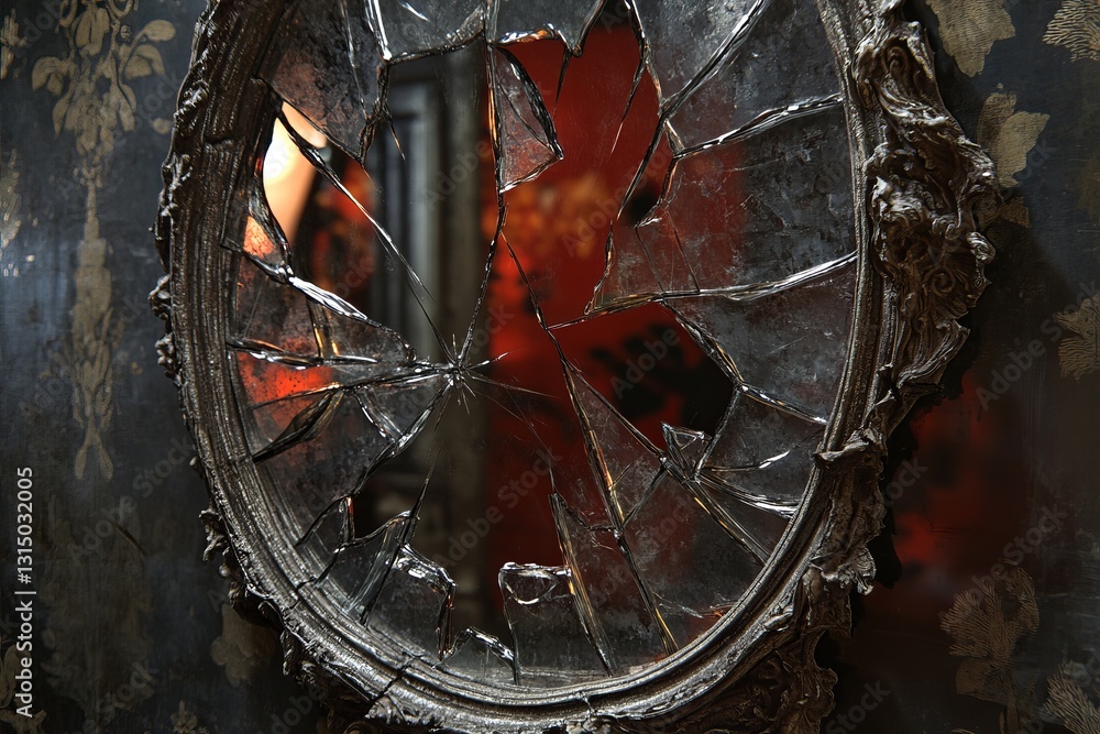 Poster a broken mirror with a red background. the mirror is cracked and has a spider web design on it