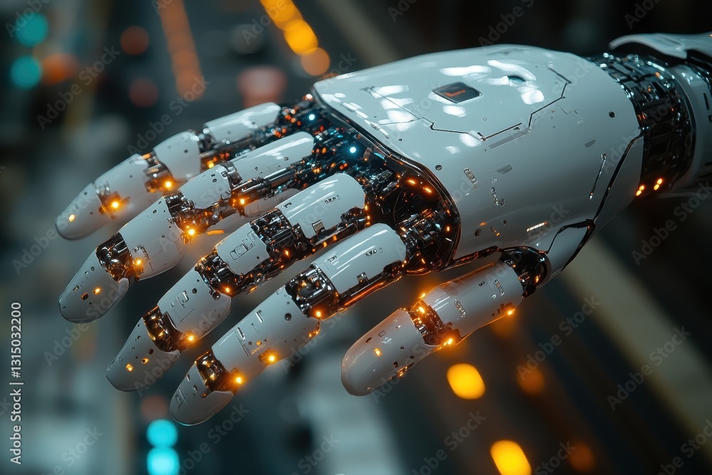Poster advanced robotic hand with illuminated components designed for precision tasks and interaction in a 