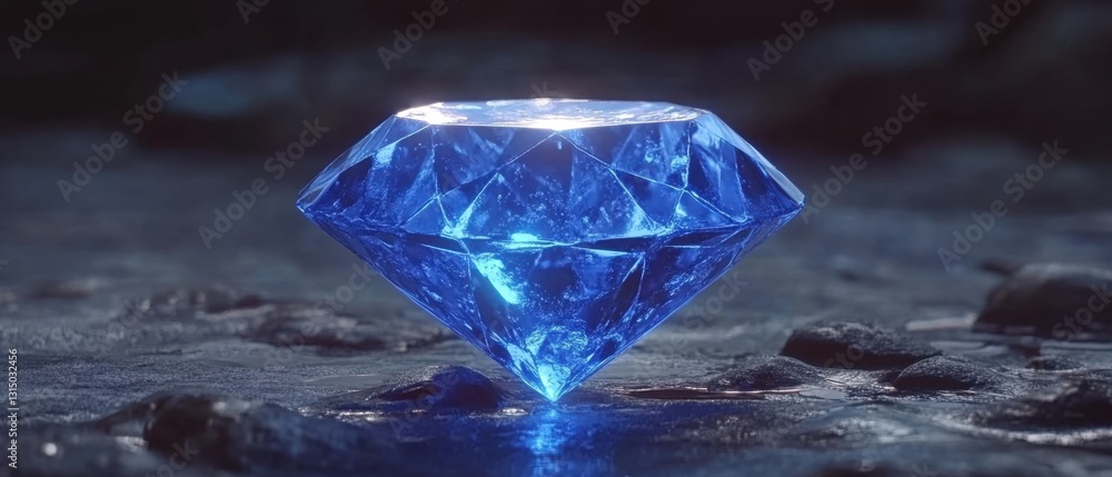 Poster captivating blue diamond resting on a textured surface with a soft glow creating a magical atmospher