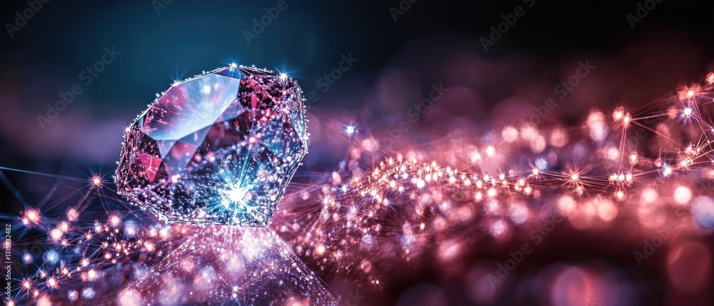 Poster refractive diamond on reflective surface with glowing network of light points creating a modern and 