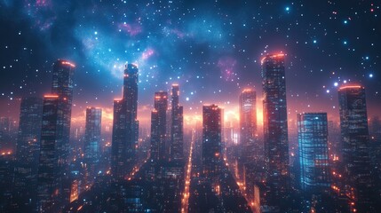 Fototapeta premium A vibrant city skyline under a starry sky, with glowing buildings and a cosmic backdrop, creating a futuristic atmosphere.
