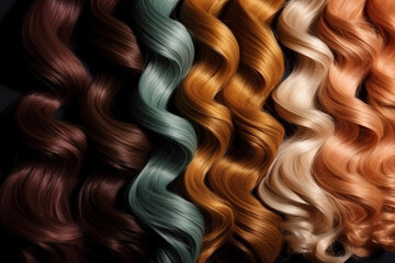 Female Hair extensions closeup. Top view. Different colored woman curly wavy hair extensions. Blonde, brunette, red hairstyles. Temporary hairstyle. Salon treatment, hair transformation