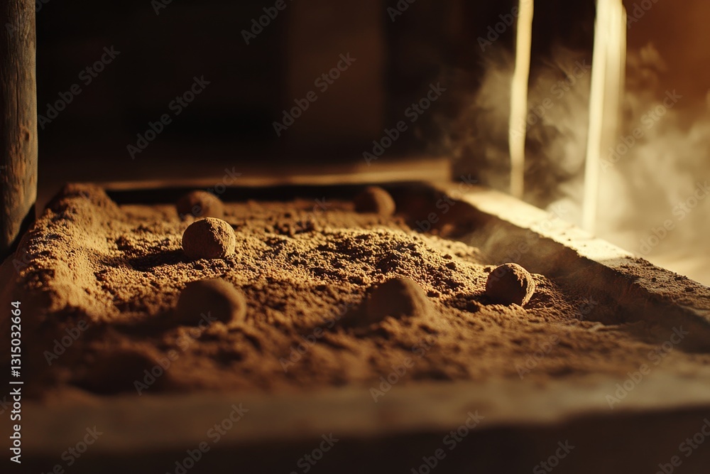 Poster textured earthy surface with small round objects in dramatic light