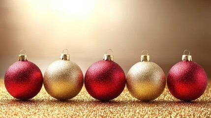 Obraz premium Festive Christmas ornaments in gold and red on a glittering background