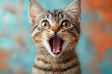 Obraz premium Playful tabby kitten expressing joy with wide-open mouth against a colorful background