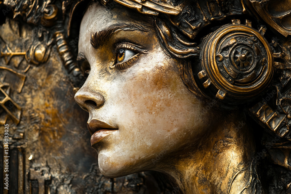 Poster generative ai bas-relief of a mythological face surrounded by nature elements in ancient artistic st