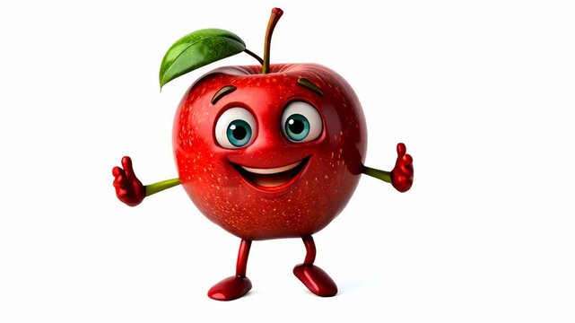 3D red apple funny cartoon character with eyes and arms on white background 4K