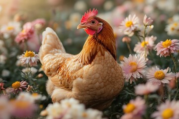 Fototapeta premium Chicken standing proudly among colorful flowers in a sunny garden setting during the early morning light