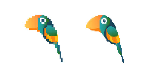 Fototapeta premium Two pixel art parrots with colorful feathers show a simple and vibrant digital design style.