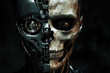 Fototapeta premium A close up of a person's face with a skull on the right side. The skull is made of metal and has a mechanical look to it