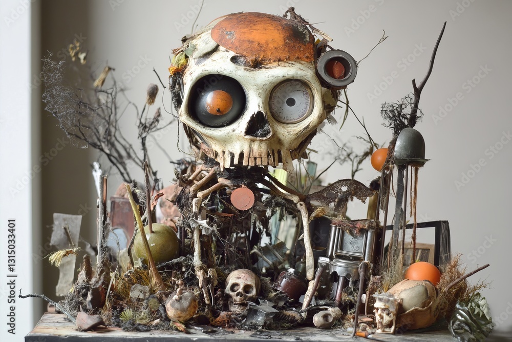 Poster a skull with a face made of metal and other objects. the skull is surrounded by various objects such