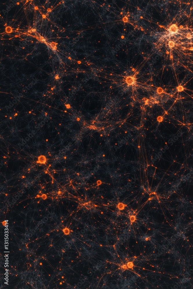 Poster this abstract image features a luminous network of orange connections against a dark backdrop, evoki