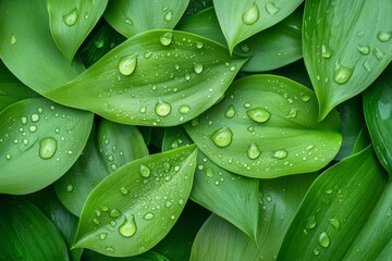 Fototapeta premium Abundant Dewdrops on Lush Green Leaves and Delicate Petals – Glistening Morning Nature Photography with Vibrant Botanical Beauty