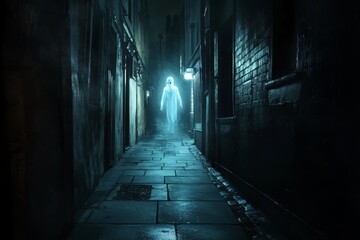 A ghostly figure is walking down a dark alleyway. The atmosphere is eerie and unsettling. Concept of fear and unease, as the ghostly figure seems to be haunting the area