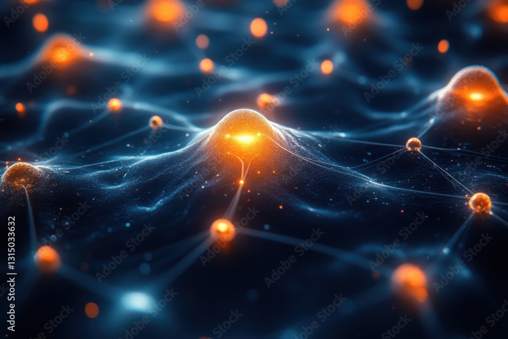 Poster visual representation of a complex network of glowing particles in a dark space environment