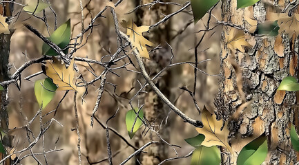 A camouflage pattern made of real tree branches and green leaves, with an American-style camo design for hunting in the woods