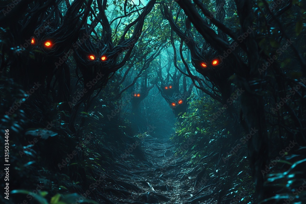 Poster a dark forest with four creepy looking trees with red eyes. the trees are surrounded by a path and t