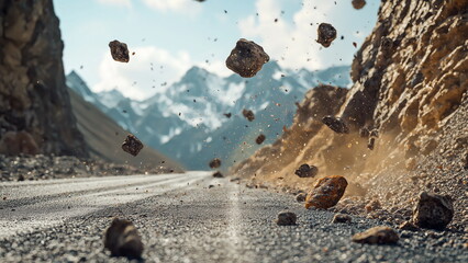 Rocks falling off the rocky mountain onto the road, due to earthquake, explosion or landslide