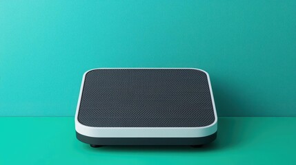 Smart scale displaying weight and body composition metrics, clean and futuristic presentation