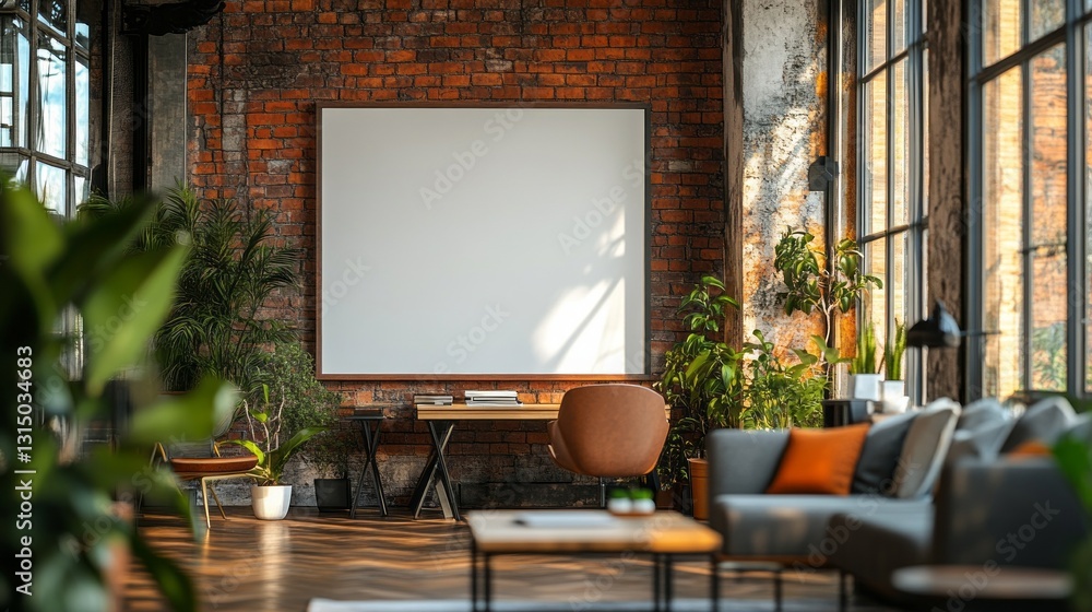Poster sunlight pours through large windows into a chic lounge adorned with lush plants, creating a serene 