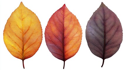 Three fall leaves isolated against a white background. 