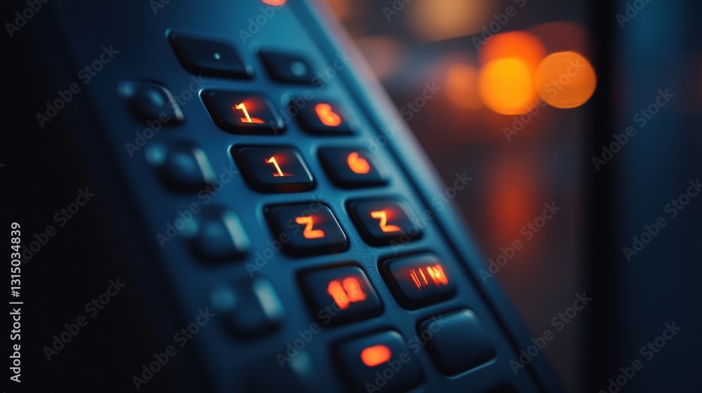 Poster close up of a modern alarm system keypad illuminated in a dimly lit office space creating a secure e
