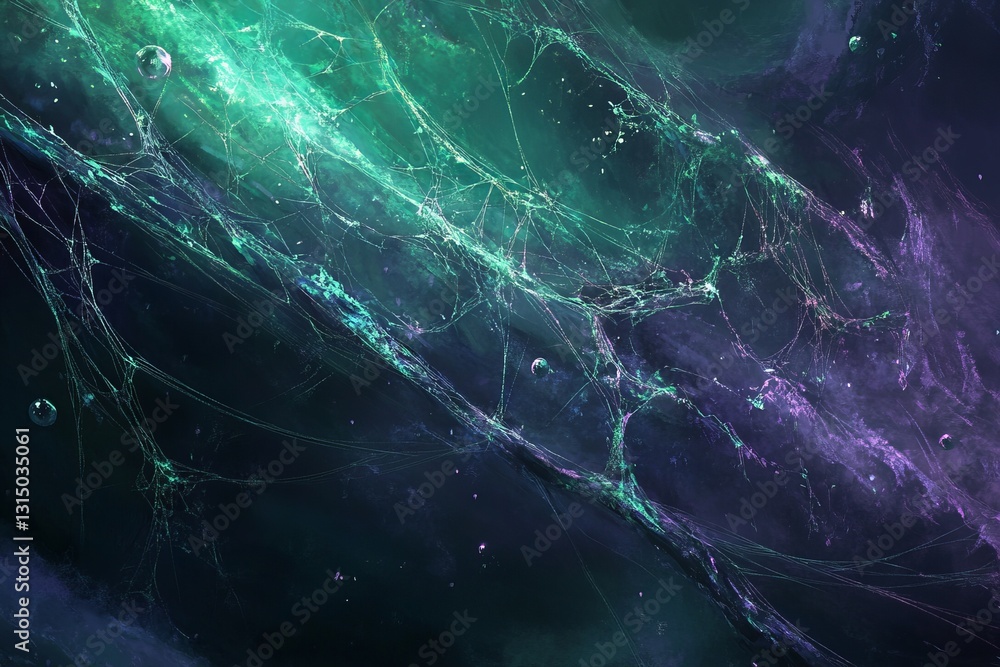 Poster a green and purple space with a spider web pattern. the colors are vibrant and the web is intricate