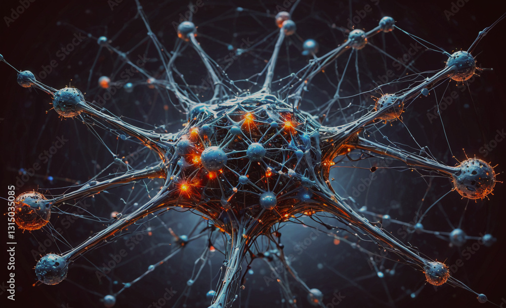 Fototapete Computer generated image of a brain with many neurons. The image is dark and the neurons are glowing