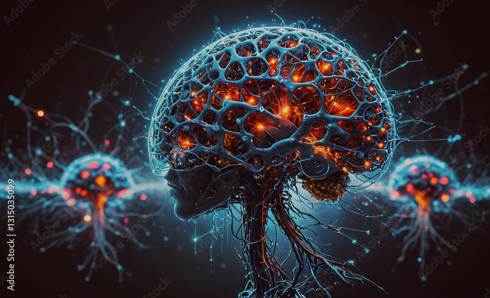 Poster Brain with a face on it is surrounded by three jellyfish. The jellyfish are in different colors and sizes, and they are all connected to the brain. The image has a surreal and dreamlike quality, with