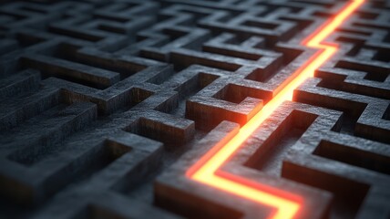 Client relationship skills concepts. A glowing path through a dark, intricate maze design.