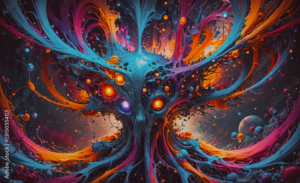 Aufkleber colorful tree with many different colored balls and planets surrounding it. the tree is very large a
