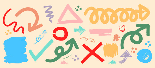 Colorful collection of sketch arrows and geometric shapes vector illustration. Dynamic design elements modern art panoramic background