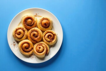 A plate of freshly baked sweet rolls, sprinkled with cinnamon, rests on a vibrant blue background, showcasing their golden-brown swirls and inviting aroma.