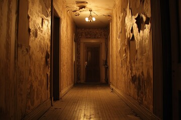 Fototapeta premium A long hallway with a door in the middle. The hallway is dark and the door is open